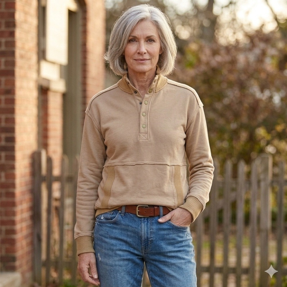 KIRUNDO Womens Pullover Sweatshirt Medium Tan Button Neck Fleece Pocket